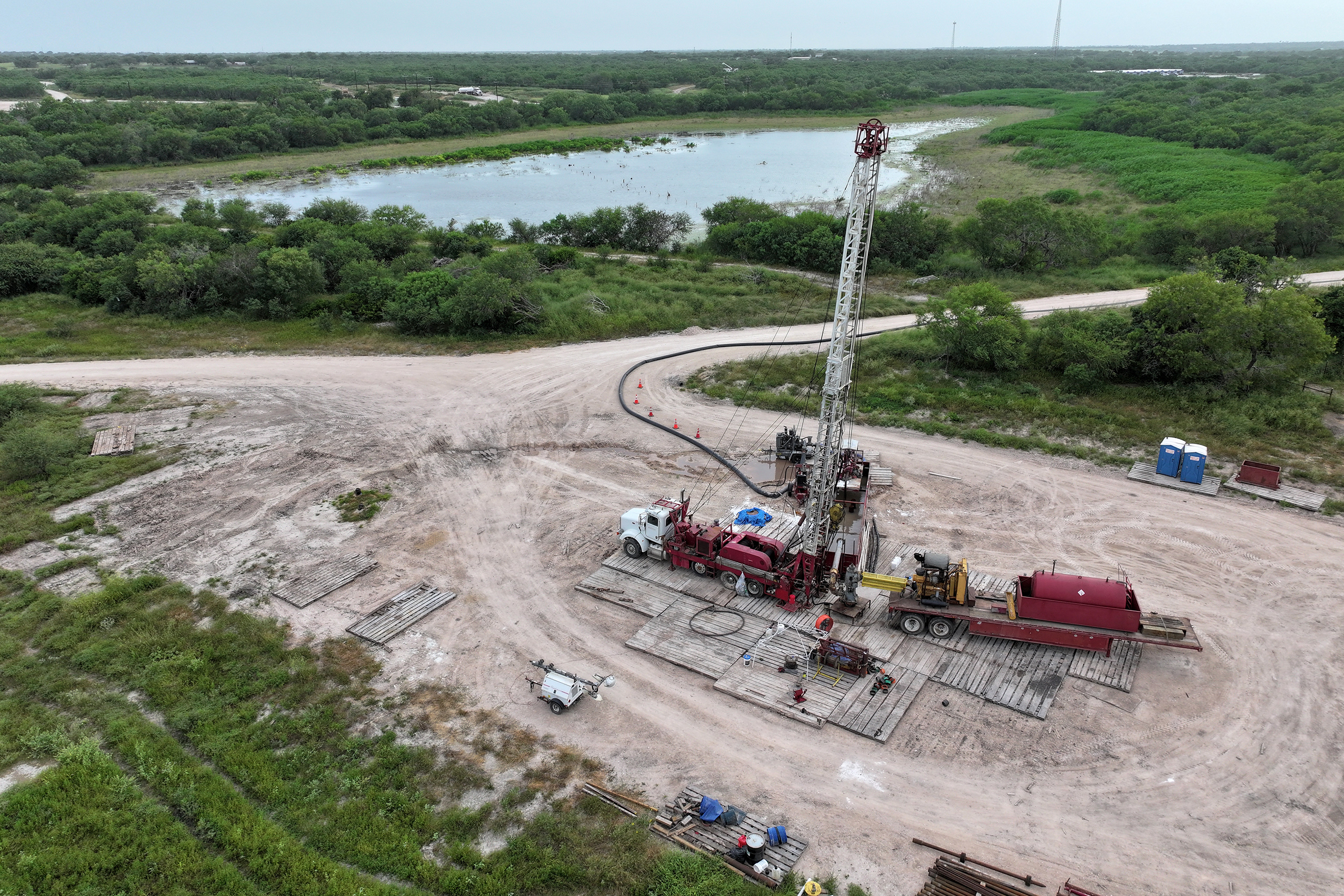 A water well drilling rig stands at the site of one of several wells being developed by the City of Corpus Christi in the Western Groundwater Well Field along the Nueces River west of Corpus Christi on July 13, 2026. The wells are part of the city's efforts to strengthen its long-term water supply.