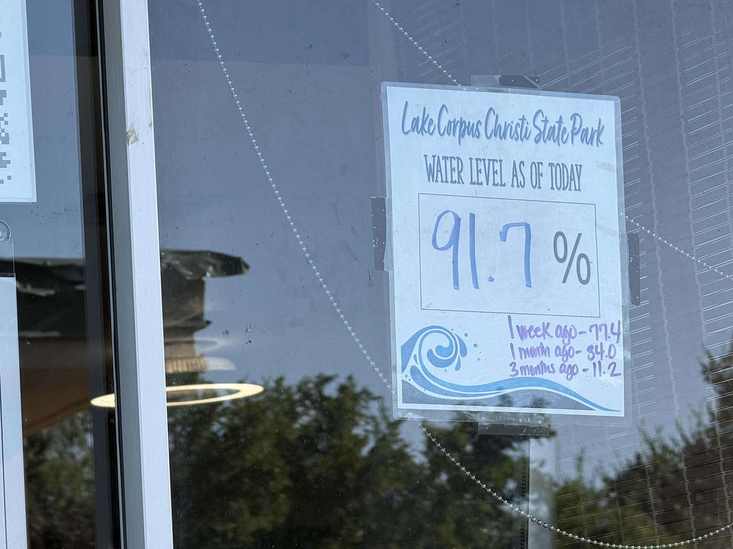 A sign on a store window near Lake Corpus Christi shows current and recent levels at the reservoir on Aug. 15, 2026.